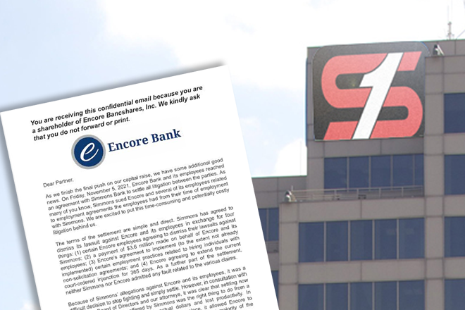 A photo illustration showing the letter that Encore Bank sent to shareholders informing them that it had settled a lawsuit with Simmons Bank. Simmons Tower in downtown Little Rock is in the background.&nbsp;
