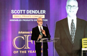 Scott Dendler of Assembled Products, the Small Company CFO of the Year, speaks at the awards luncheon in Little Rock on Nov. 3, 2021.