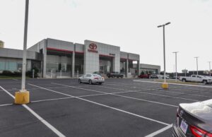 A Toyota dealership in Mt. Laurel, New Jersey with a near empty lot in September 2021. Industrial production of motor vehicles and parts in the U.S. rebounded in October.