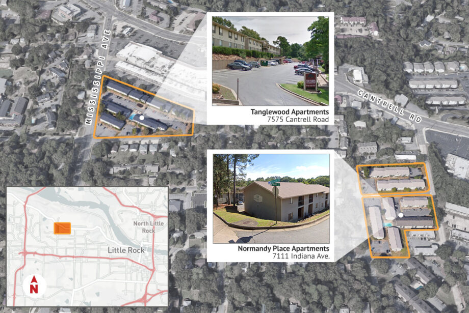 A total of 171 apartment units in midtown Little Rock was purchased by affiliates of Think Multifamily. | (Parcel lines are approximate and shown for illustration only.)