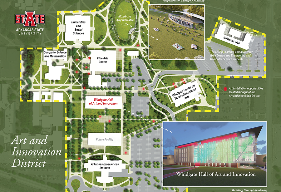 A map showing the site of the new Windgate Hall of Art & Innovation at Arkansas State University.&nbsp;