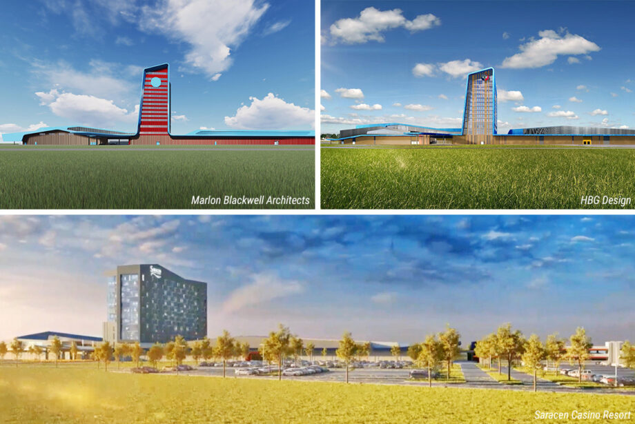 Saracen Casino Resort&rsquo;s first renderings were by Marlon Blackwell Architects of Fayetteville, top left, and were provided by Blackwell&rsquo;s attorney. Saracen Development released HBG Design&rsquo;s image, top right, in a news release in December 2019. Saracen Casino&rsquo;s latest rendering, bottom, was provided by the casino. A lawsuit over the design has been settled.