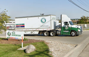 An Old Dominion Freight Line truck pulls out of the company's West Chester, Ohio, facility.