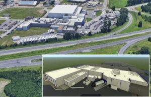 The current Simmons Foods poultry production facility adjacent to&nbsp;Interstate 540 in Van Buren with a rendering of the planned expansion.