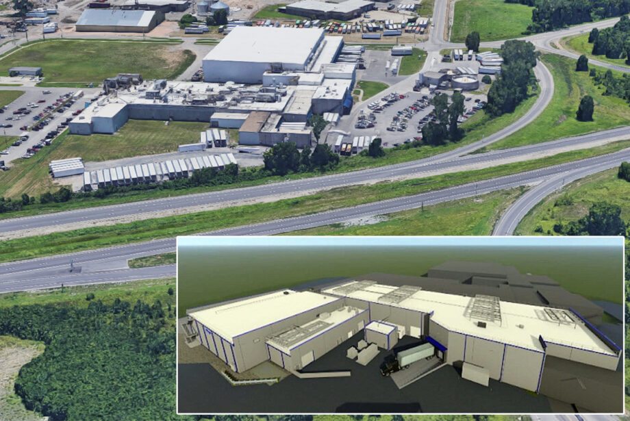 The current Simmons Foods poultry production facility adjacent to&nbsp;Interstate 540 in Van Buren with a rendering of the planned expansion.