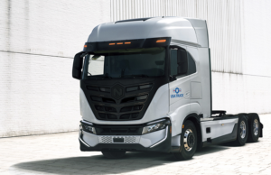A Nikola Tre battery-electric vehicle with USA Truck branding. USA Truck intends to make the truck the first zero-emission vehicle in its fleet.&nbsp;