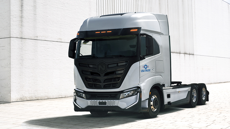 A Nikola Tre battery-electric vehicle with USA Truck branding. USA Truck intends to make the truck the first zero-emission vehicle in its fleet.&nbsp;