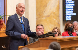 Arkansas Gov. Asa Hutchinson delivers his State of the State address at the State Capitol on Feb. 14, 2022.&nbsp;