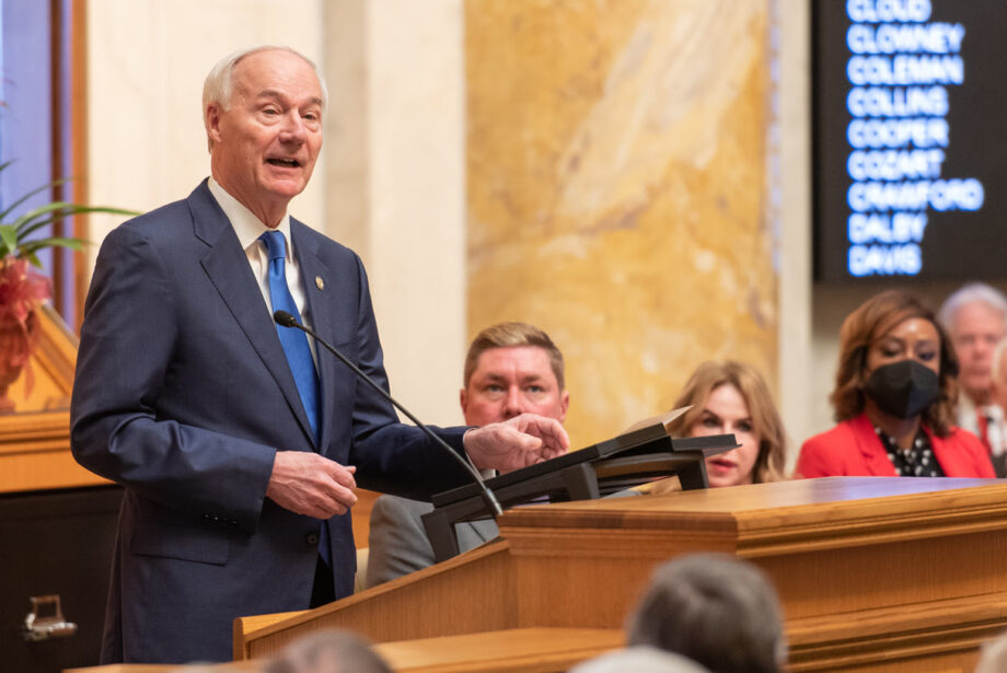 Arkansas Gov. Asa Hutchinson delivers his State of the State address at the State Capitol on Feb. 14, 2022.&nbsp;