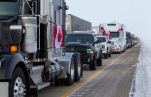 A convoy of truckers and supporters in Emerson, Canda, protesting vaccine mandates on Jan. 29, 2022.&nbsp;