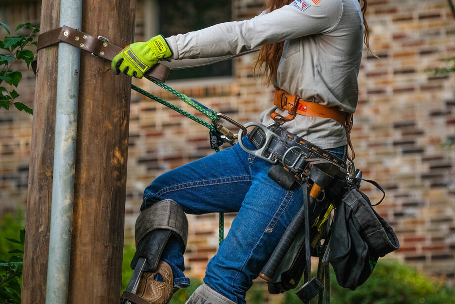 Sara Russell-Lingo is in a four-year apprenticeship, and if successful, will become a journeyman lineman for the state’s largest electric utility.