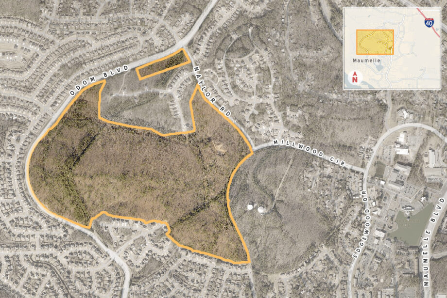 A Texas company bought 180 acres of mostly undeveloped land located in the heart of Maumelle. (Parcel lines are approximate and shown for illustration only.)