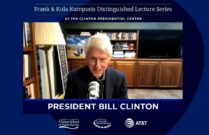 Former President Bill Clinton speaks to panelists on March 29 during the Kumpuris Distinguished Lecture "Investing in a Healthier Future," hosted by the Clinton School of Public Service.