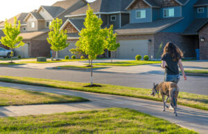 A woman walking a dog in a Bentonville neighborhood