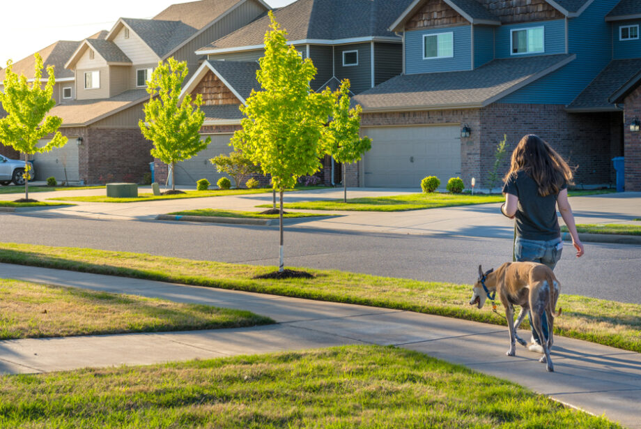 A woman walking a dog in a Bentonville neighborhood