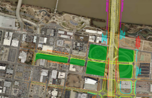 An aerial photo illustration showing changes to Interstate 30 in downtown Little Rock. The area in green will become a park.