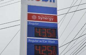 Gas prices listed at a Mobil station in Rochester, New York, on March 9, 2022