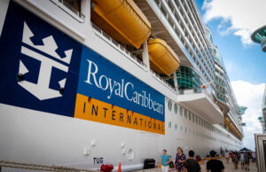 A Royal Caribbean cruise ship docked in Cozumel, Mexico, in February 2020