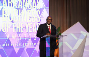 Longtime Little Rock businessman and community leader Sherman Tate accepts the Legacy of Leadership Award at the 34th Arkansas Business of the Year Awards.