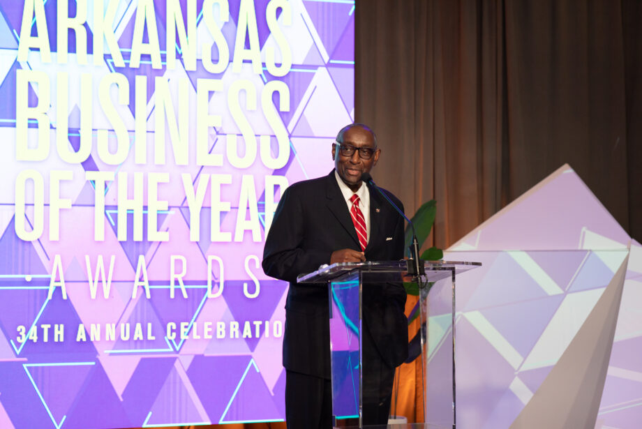 Longtime Little Rock businessman and community leader Sherman Tate accepts the Legacy of Leadership Award at the 34th Arkansas Business of the Year Awards.