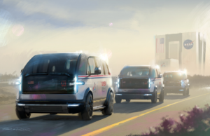 A rendering showing a customized version of Canoo's LV model, outfitted to transport NASA astronauts and equipment to the launchpad for the Artemis program.