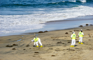 Environmental workers clean the shore at Huntington Beach, California, after an oil spill in October 2021.