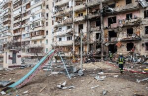A residential building heavily damaged by an Russian aircraft in the Ukrainian capital Kyiv in February 2022