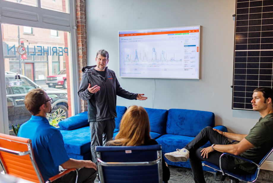 CEO Andrew Barrett of Perihelion Solar makes a point at the company&rsquo;s offices in downtown Russellville.