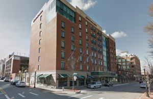 A Google Street View image of the Hampton Inn & Suites at 320 River Market Avenue in downtown Little Rock
