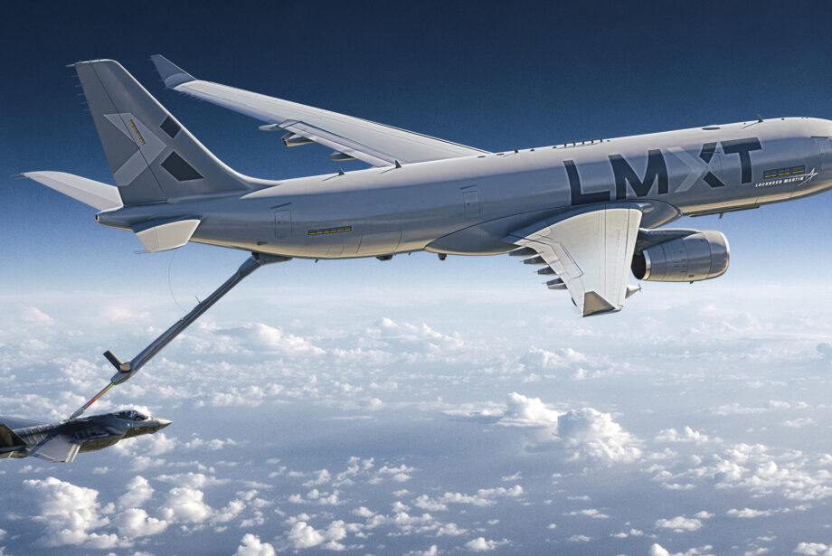 A Lockheed Martin LMXT tanker aircraft refuels another plane using its aerial boom system.