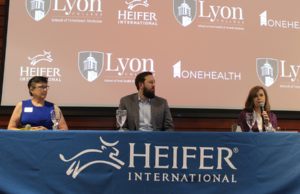 From left: Lyon College President Melissa Taverner, Merritt Dake of OneHealth Education Group and&nbsp;Hilary Haddigan, chief of mission effectiveness at Heifer International, announce plans for dental and veterinary schools at the Heifer campus in Little Rock.