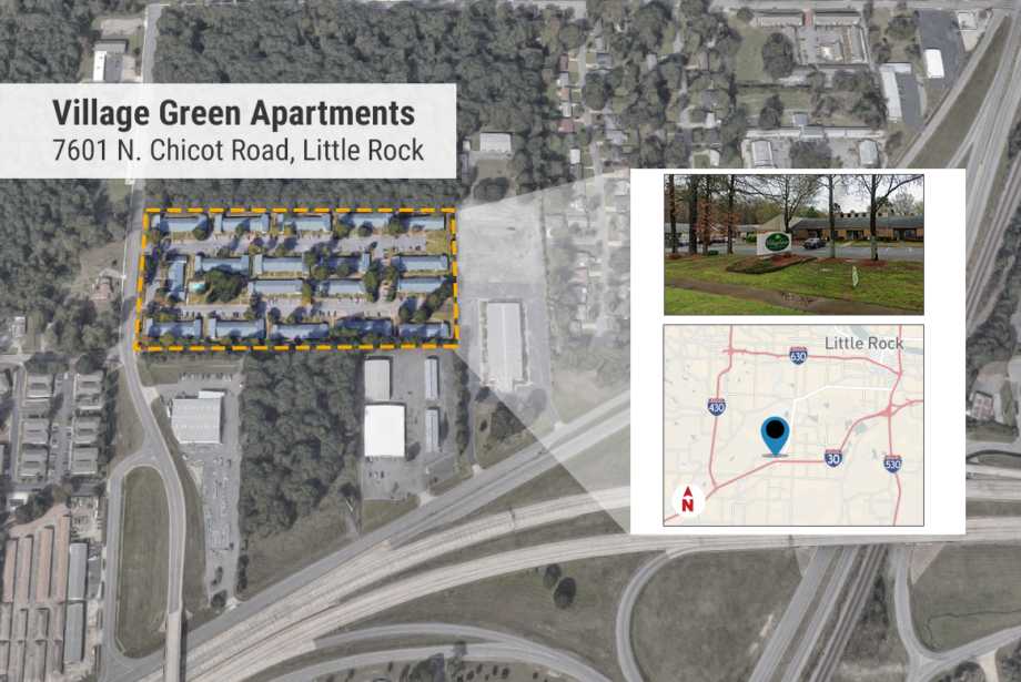 A map shows Village Green Apartments in Little Rock at 7601 N. Chicot Road
