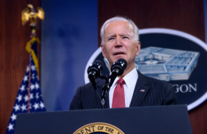 President Joe Biden delivers remarks at the U.S. Department of Defense in February 2021