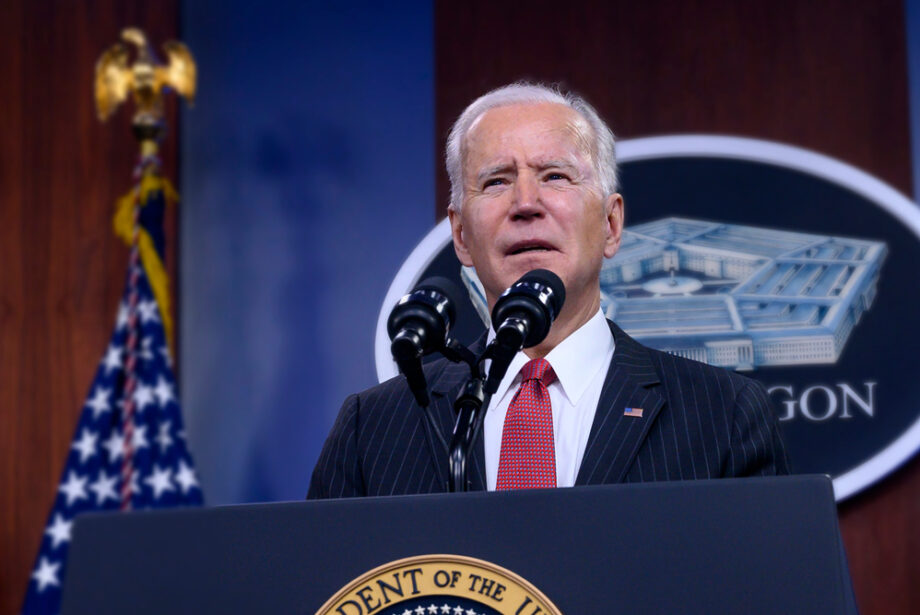 President Joe Biden delivers remarks at the U.S. Department of Defense in February 2021