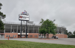 A Simmons Bank sign on the north side of War Memorial Stadium in Little Rock