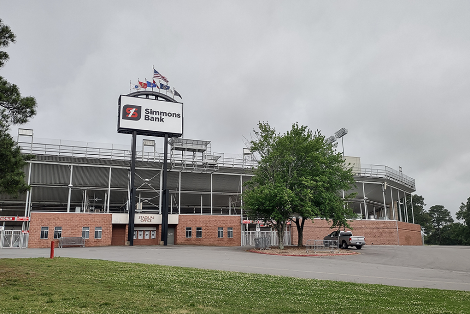 A Simmons Bank sign on the north side of War Memorial Stadium in Little Rock