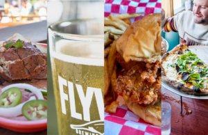 From left: A rib plate from Count Porkula BBQ, a beer from Flyway Brewing, a customer enjoying a bite at DeLuca's Pizzeria, and a chicken sandwich and fries from Waldo's Chicken & Beer