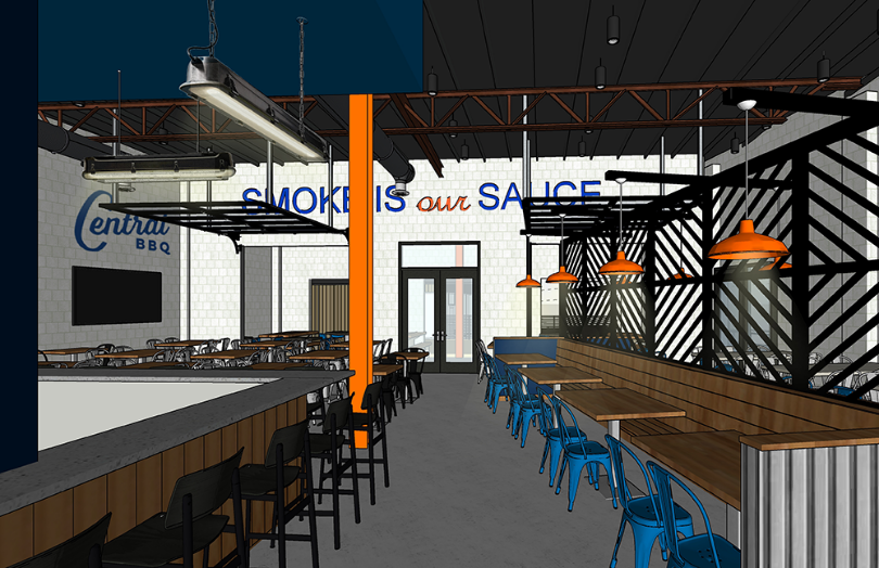 A rendering of the dining area of a Central BBQ location coming to Fayetteville