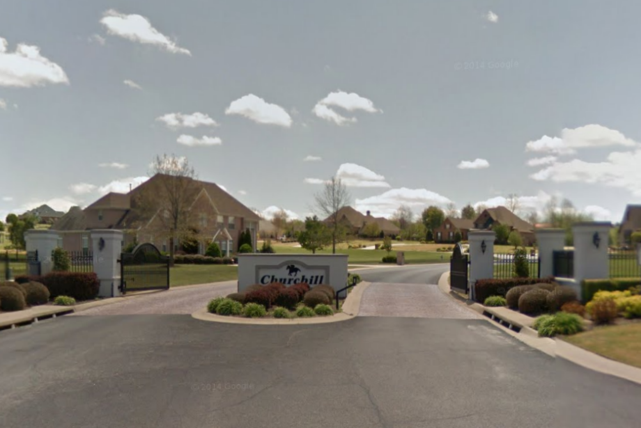 A Google Street View image of the entrance to the Churchill Downs neighborhood in Springdale