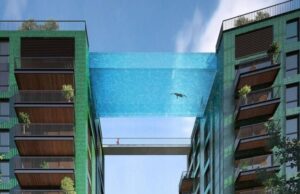 A rendering of the proposed Diamond Valley Hotel, Spa and Residence shows a transparent pool suspended between two high-rise buildings.