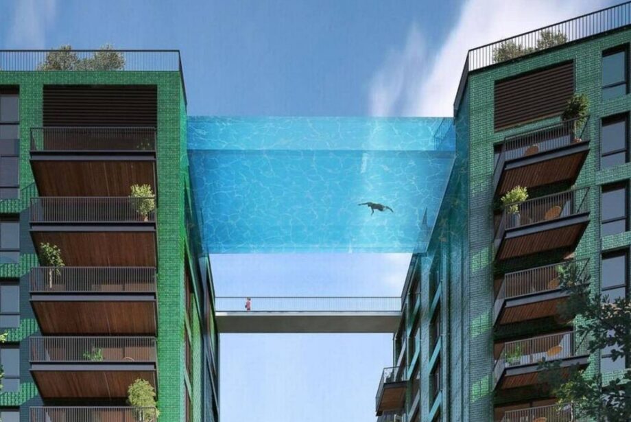 A rendering of the proposed Diamond Valley Hotel, Spa and Residence shows a transparent pool suspended between two high-rise buildings.