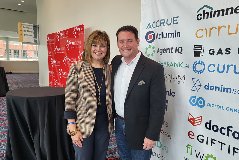 Erin Simpson, left, and Allan Rayson of Encore Bank. The two shared growth tips in a presentation on the final day of the VenCent Fintech Summit in Little Rock.