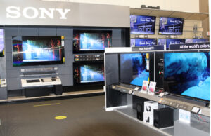 Big screen TVs on display at a Best Buy location in Columbus, Ohio