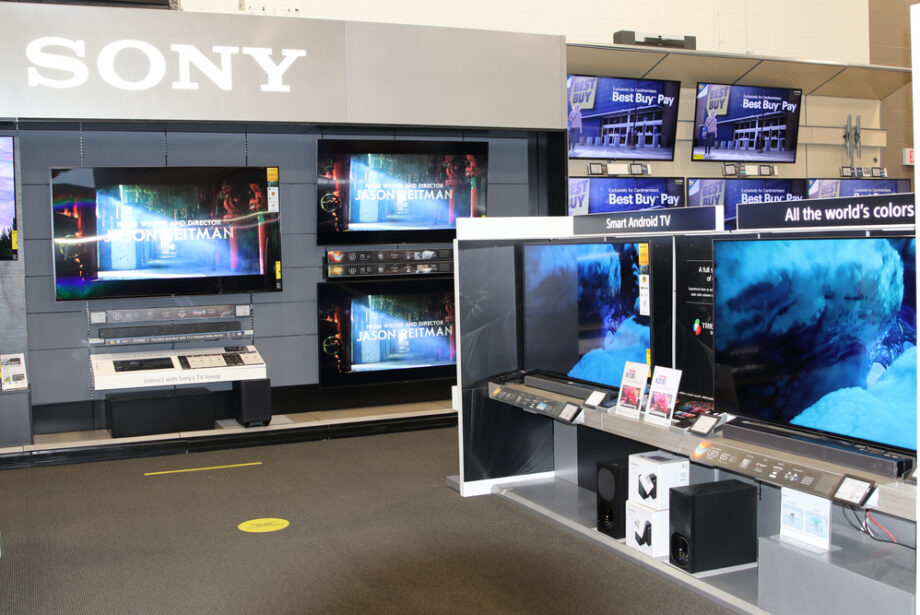 Big screen TVs on display at a Best Buy location in Columbus, Ohio