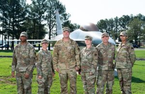 (From left:) Senior Master Sgt. Brian Mays, commander support staff; Capt. Alicia Doyel, 188th Wing executive officer; Col. Jeremiah Gentry, 188th Wing commander; Col. Sara Stigler, 188th Wing vice commander; Command Chief Master Sgt. Carl Schneider, 188th Wing command chief; and Senior Airman Alexus Rhone, commander support staff.