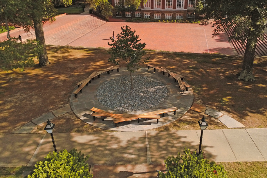An aerial view of the John Churchill Memorial Plaza at Hendrix College