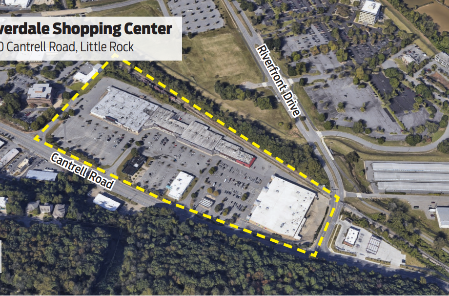 A map showing the Riverdale Shopping Center at 2500-2610 Cantrell Road in Little Rock.