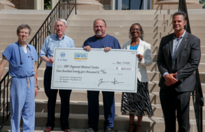 Representatives from Southeast Mississippi County Regional Medical Center join U. S. Steel&rsquo;s Chief Operating Officer of Big River Steel Works Dan Brown, far right, for the presentation of a $425,000 donation. The gift is part of $1 million in donations that U.S. Steel gave to area organizations.