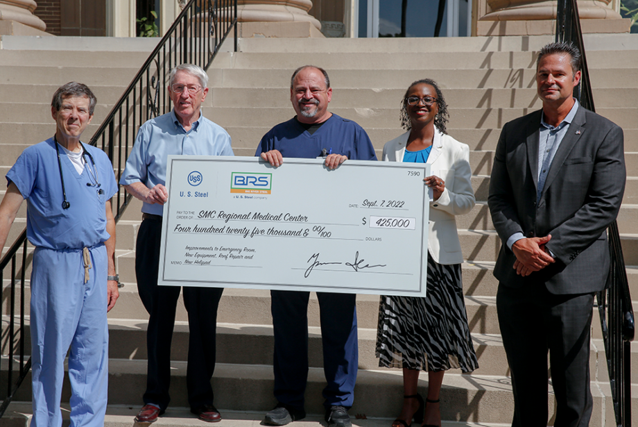 Representatives from Southeast Mississippi County Regional Medical Center join U. S. Steel&rsquo;s Chief Operating Officer of Big River Steel Works Dan Brown, far right, for the presentation of a $425,000 donation. The gift is part of $1 million in donations that U.S. Steel gave to area organizations.
