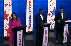 From left: Arkansas governor candidates Sarah Sanders, Chris Jones and Ricky Dale Harrington participate in a debate hosted by Arkansas PBS on Oct. 21, 2022.